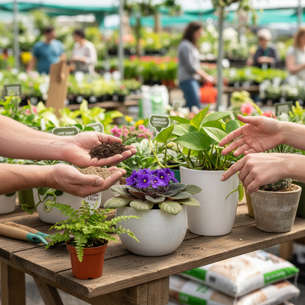 Hands holding soil samples next to potted plants for plant selection advice