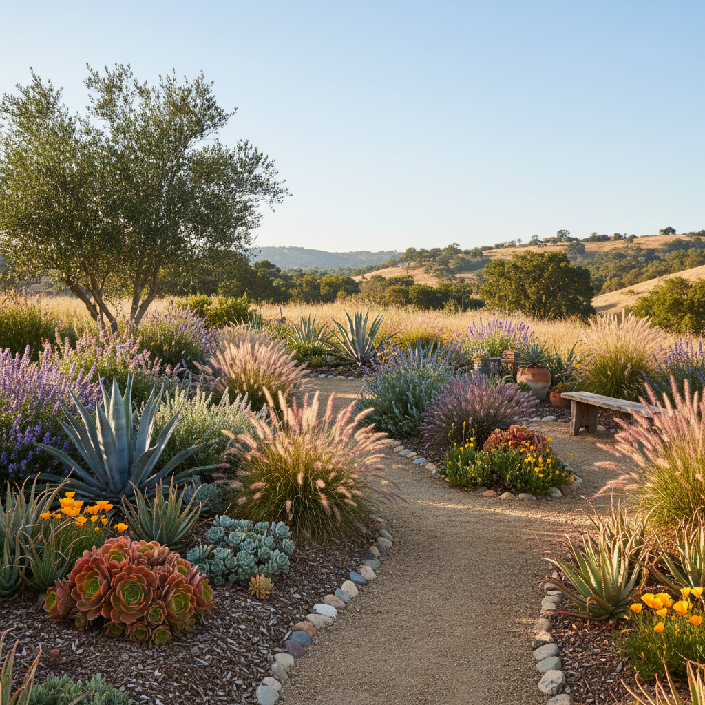 Drought-tolerant California-friendly landscape with succulents, ornamental grasses, and native plants