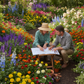 Garden expert consulting with a customer in a colorful flower bed, planning seasonal color planting