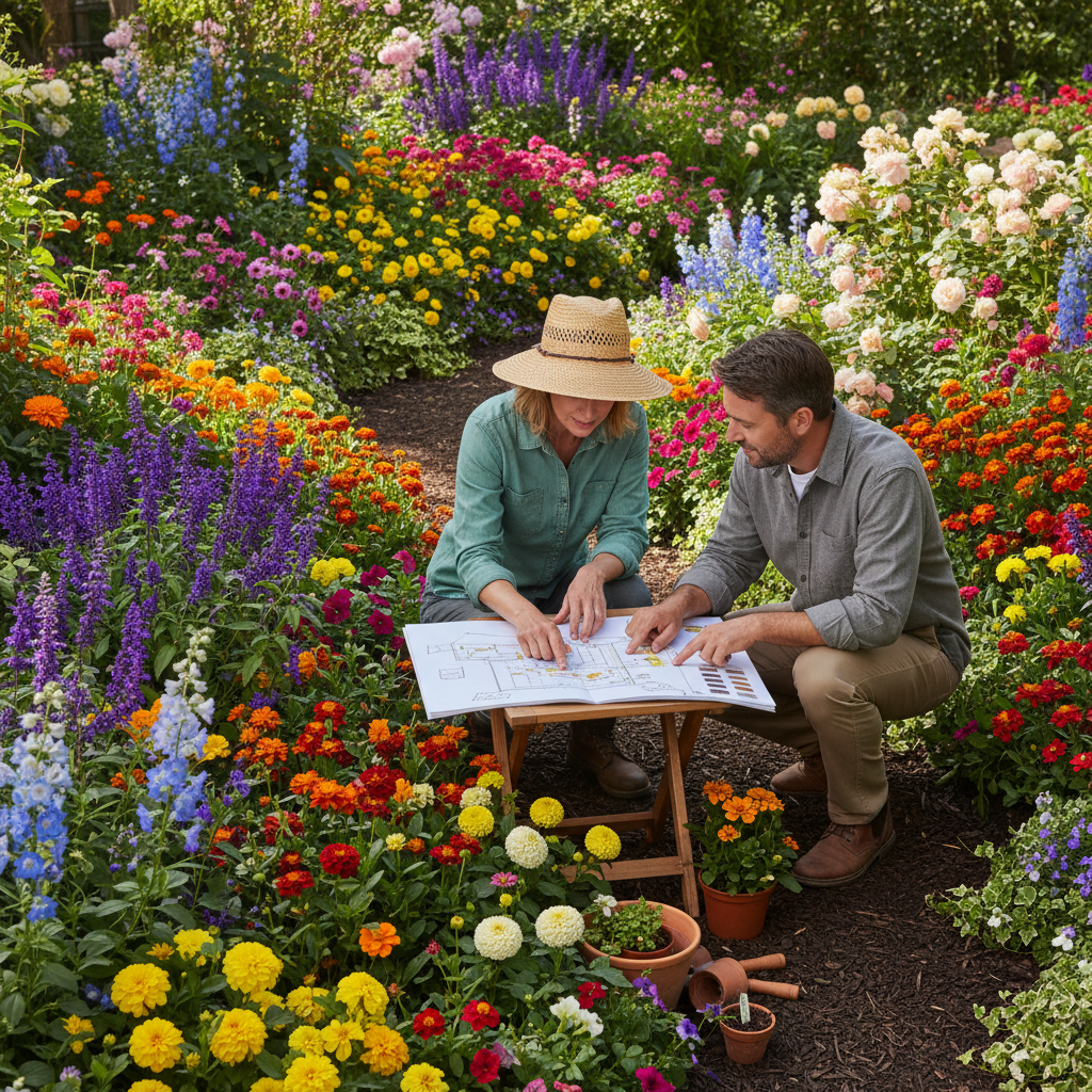 Garden expert consulting with a customer in a colorful flower bed, planning seasonal color planting