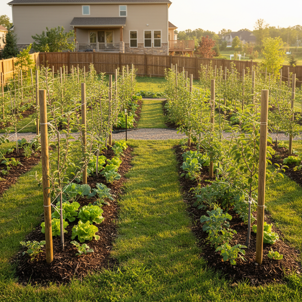 Beautiful young home orchard with rows of fruit trees freshly planted and staked in a residential backyard