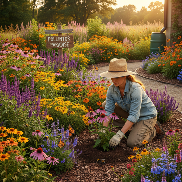 Landscaper planting native flowering plants in a pollinator garden bed attracting bees and butterflies