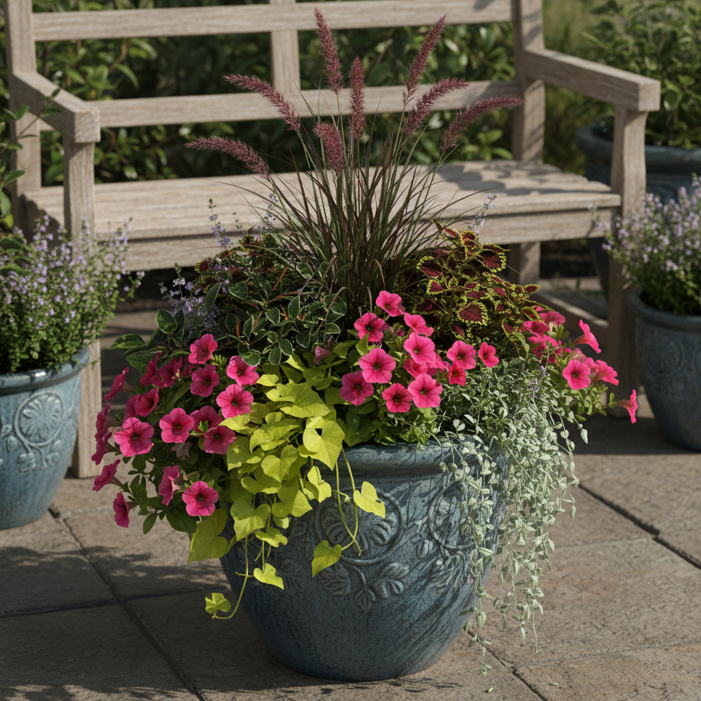 Beautiful finished container garden arrangement with mixed plants in a decorative pot