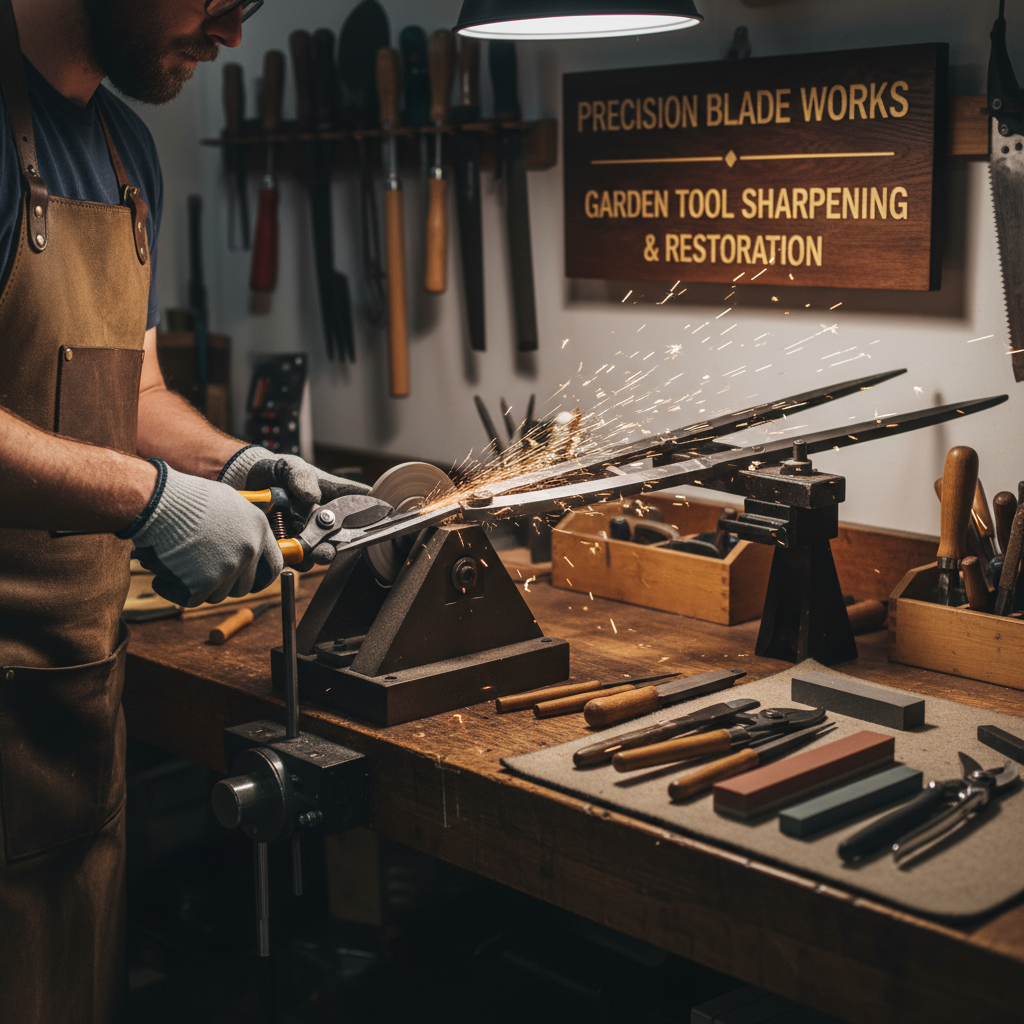 Professional sharpening garden pruners and shears on a workbench