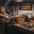 Professional sharpening garden pruners and shears on a workbench
