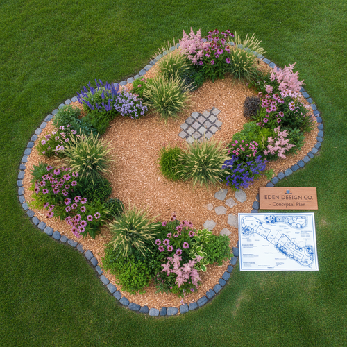 Aerial view of a beautifully designed garden bed with varied plants, mulch, and a clear layout plan