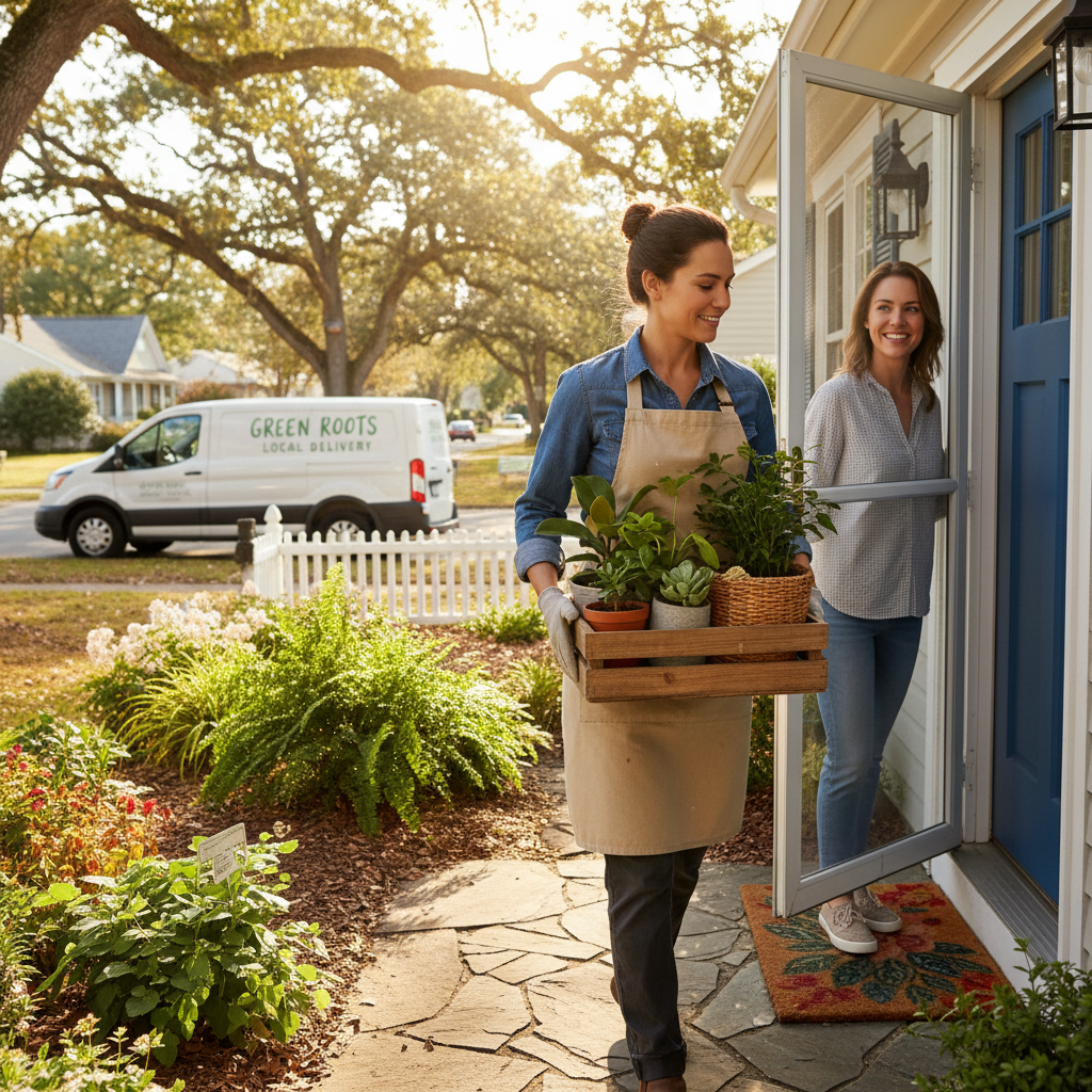 Nursery worker carefully carrying potted plants to a customer's front door