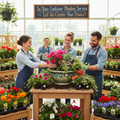 Nursery staff arranging colorful flowers and plants into a decorative pottery container