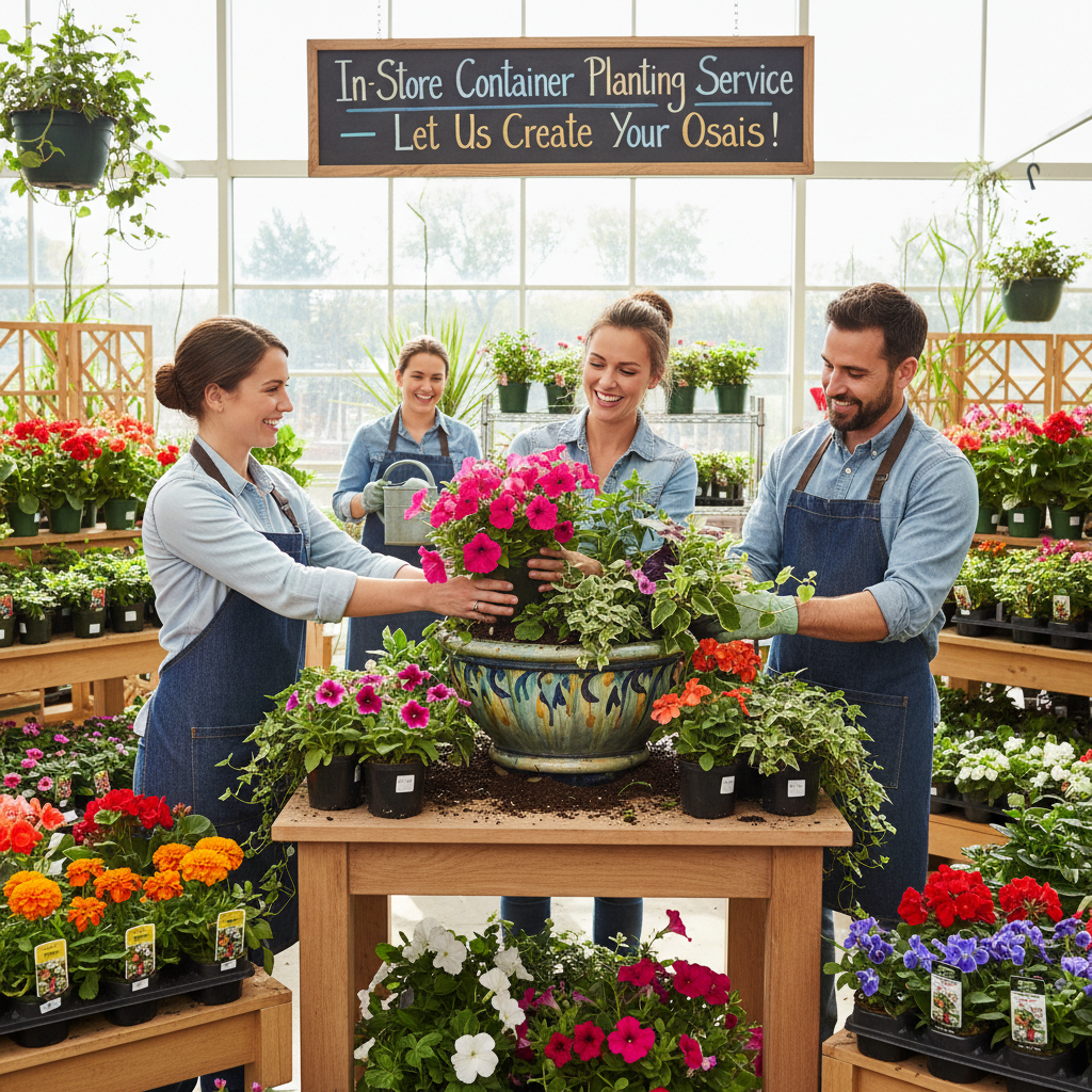 Nursery staff arranging colorful flowers and plants into a decorative pottery container
