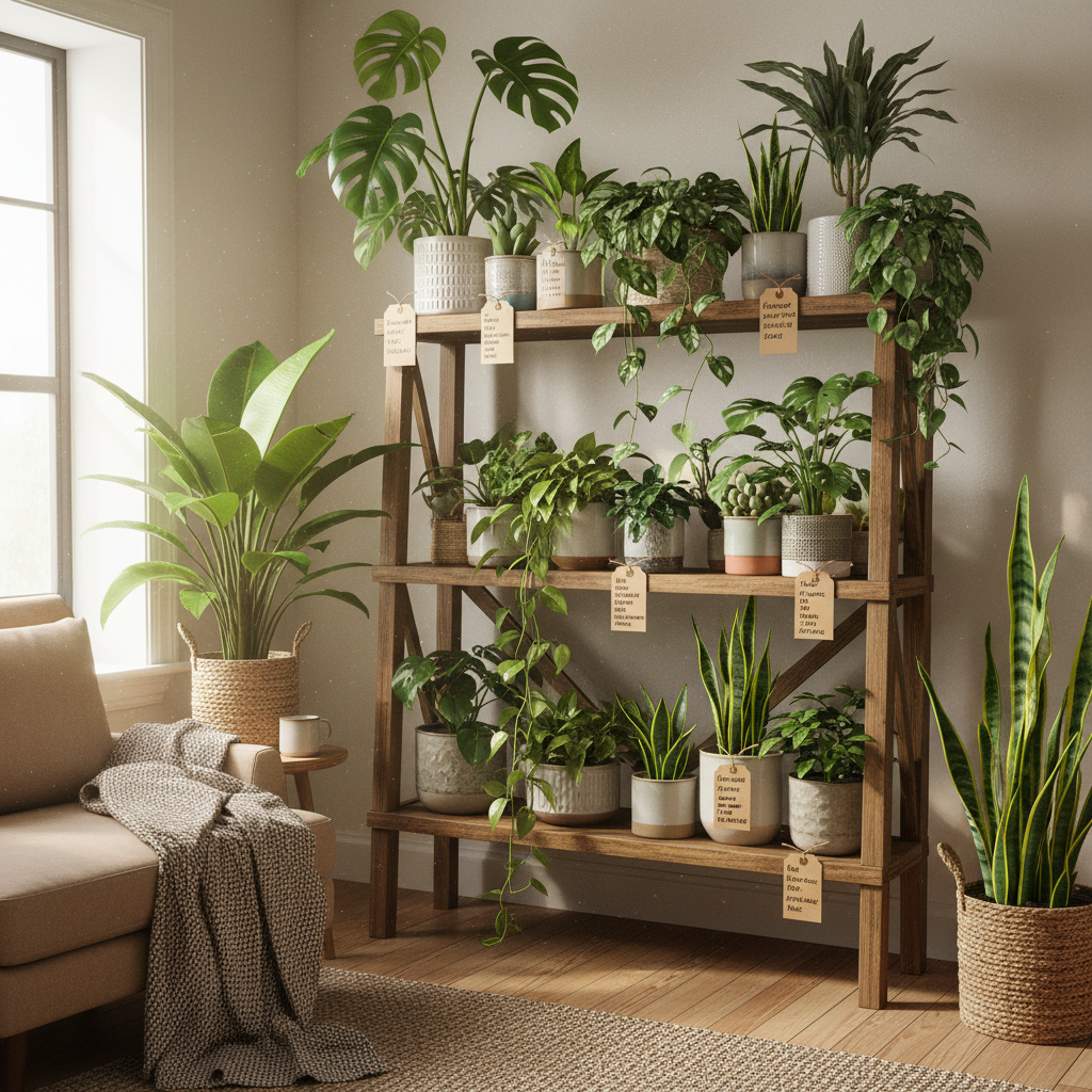 Collection of healthy thriving indoor houseplants on shelves with care guide notes