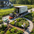 Nursery team unloading plants from a truck and installing a complete garden from design to planting