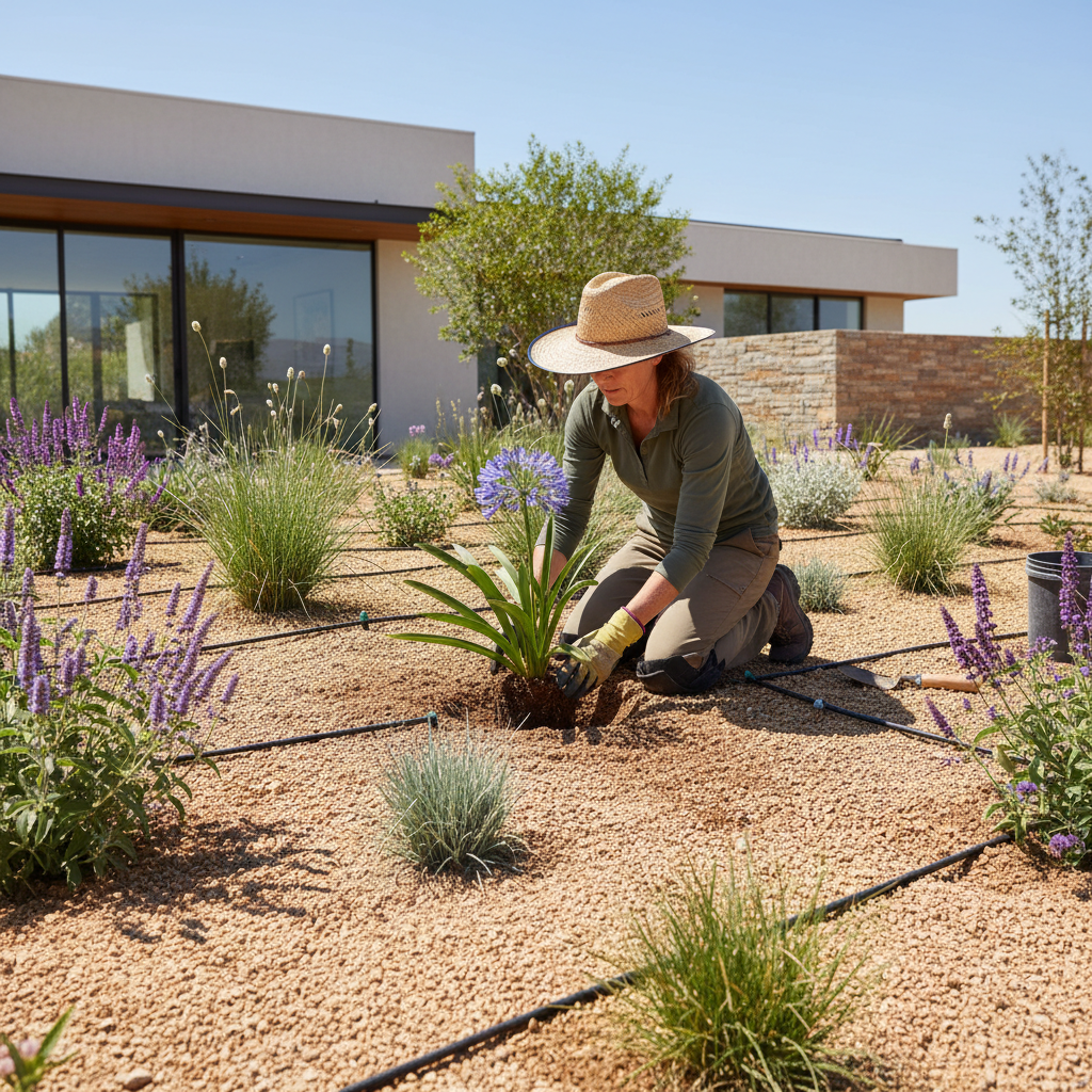 Landscaper planting drought-tolerant native plants in a dry garden bed with drip irrigation