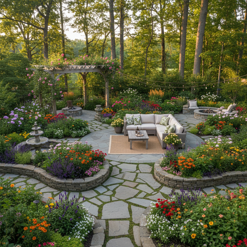 Stunning finished backyard garden makeover with lush planting beds, stone pathways, and colorful flowers