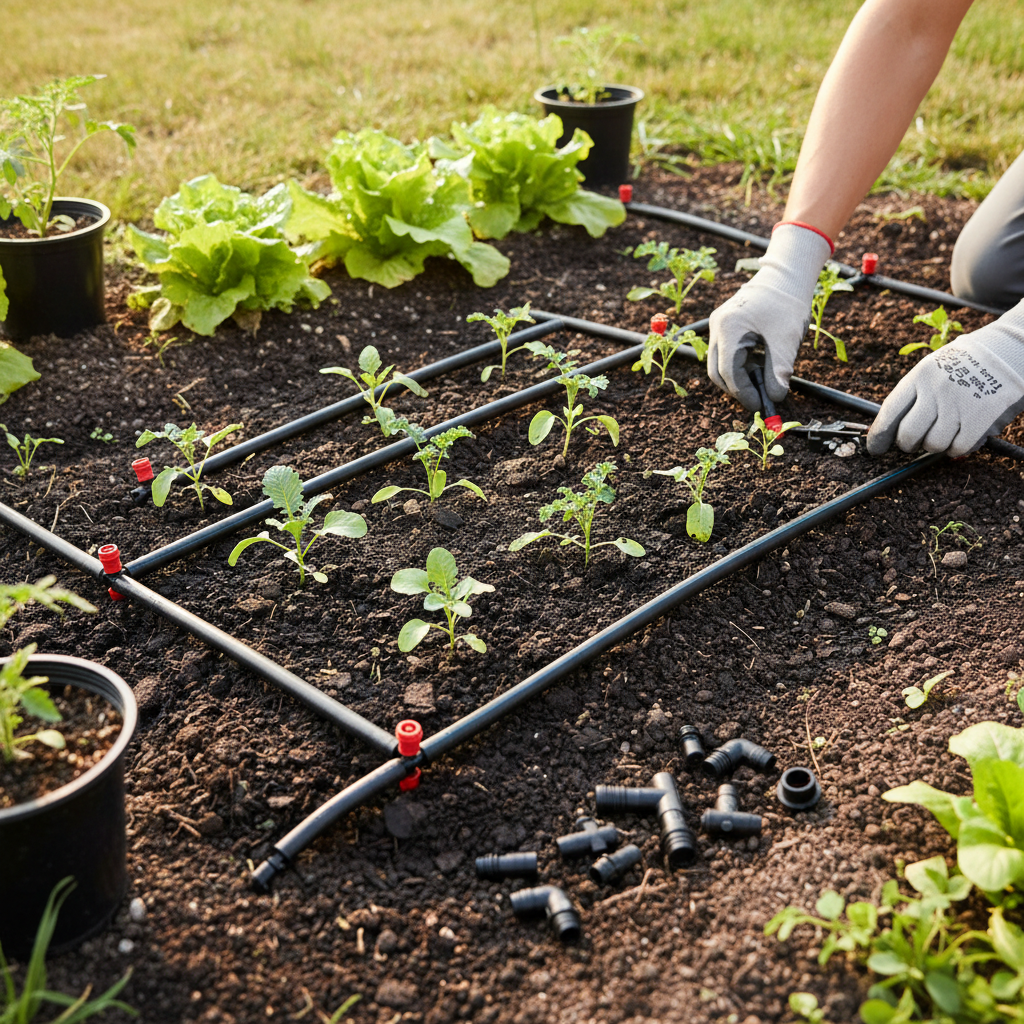 Close-up of drip irrigation system being assembled in a garden bed with emitters and tubing