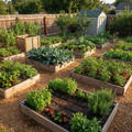 Productive edible garden installation with raised beds full of vegetables, herbs, and drip irrigation