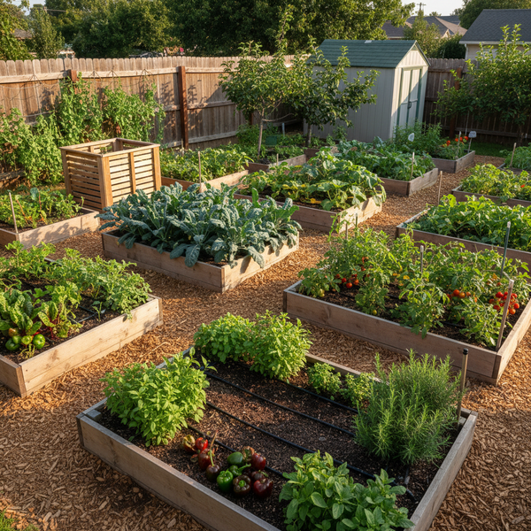 Productive edible garden installation with raised beds full of vegetables, herbs, and drip irrigation