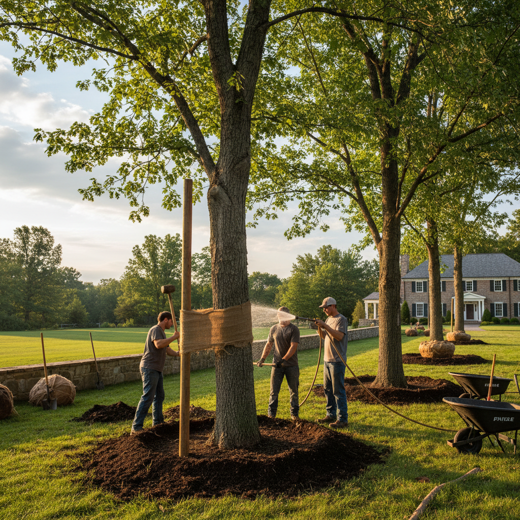 Crew planting several large shade trees in a spacious residential yard with staking and watering
