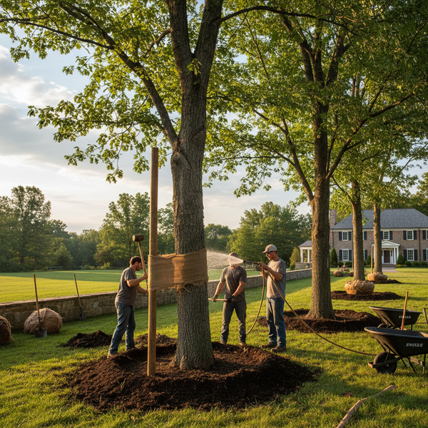 Crew planting several large shade trees in a spacious residential yard with staking and watering