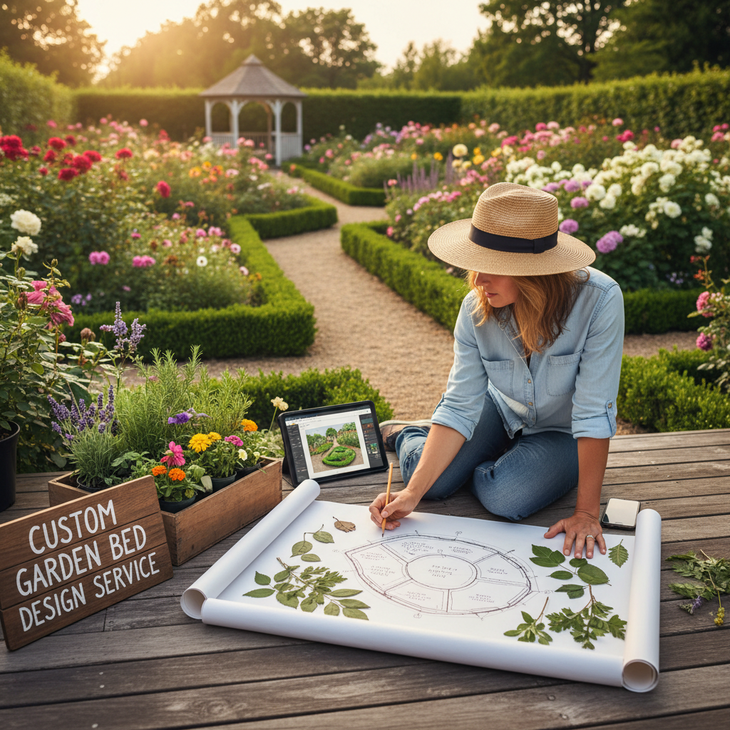 Landscape designer sketching a garden bed plan with plant samples and a lush yard in the background