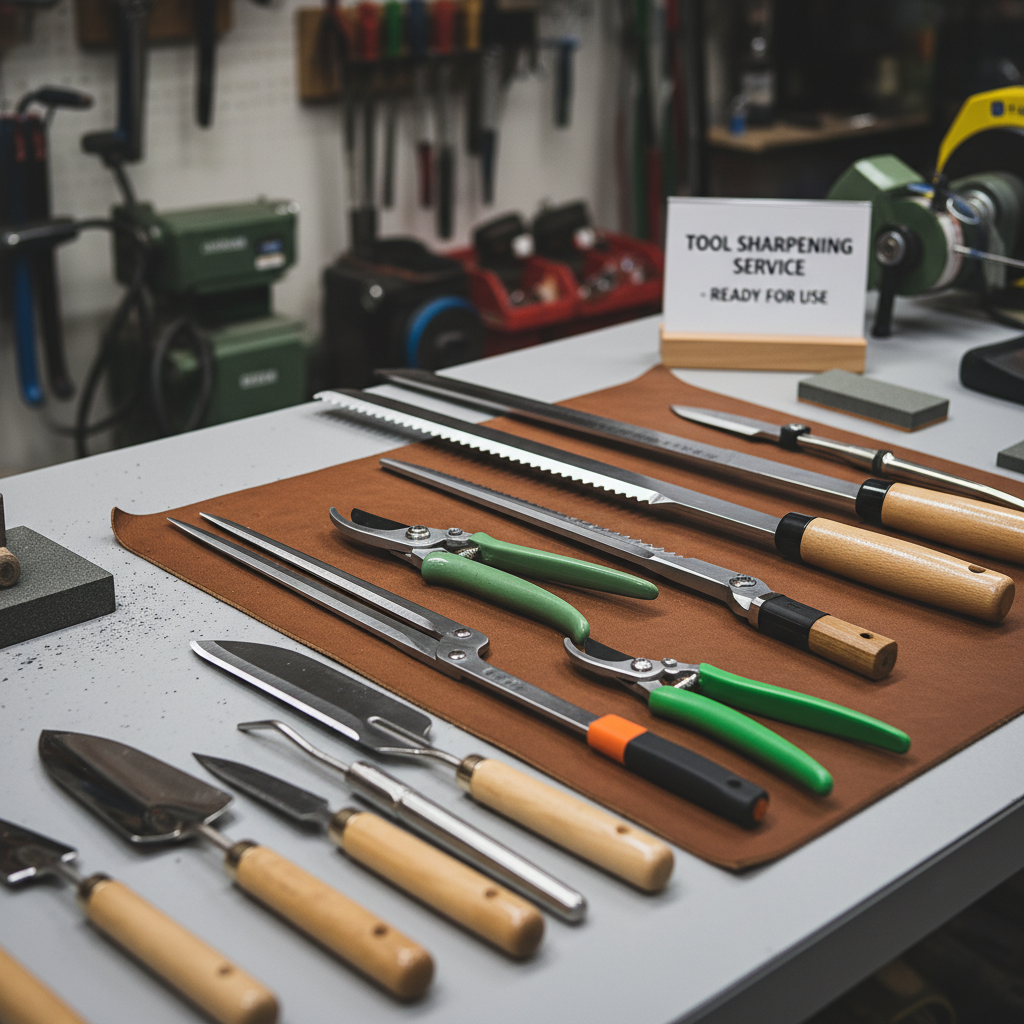 Neatly arranged sharp garden tools freshly sharpened and ready to use