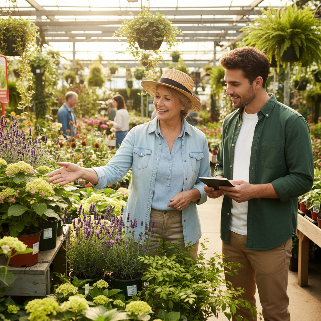 Nursery expert consulting with a customer about plant selection