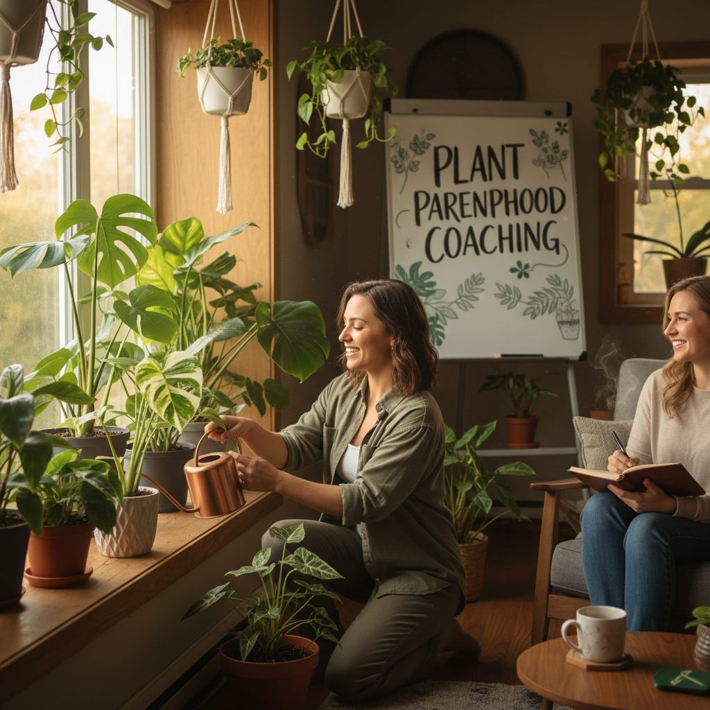 Person caring for beautiful houseplants indoors during a coaching session