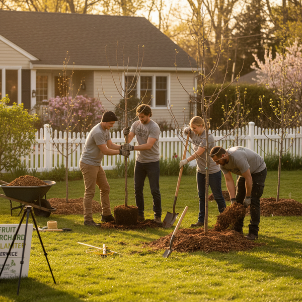 Nursery team planting young fruit trees in a sunny backyard home orchard with staking and mulching