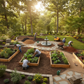Landscaping crew transforming a backyard with new plants, mulch, and garden beds
