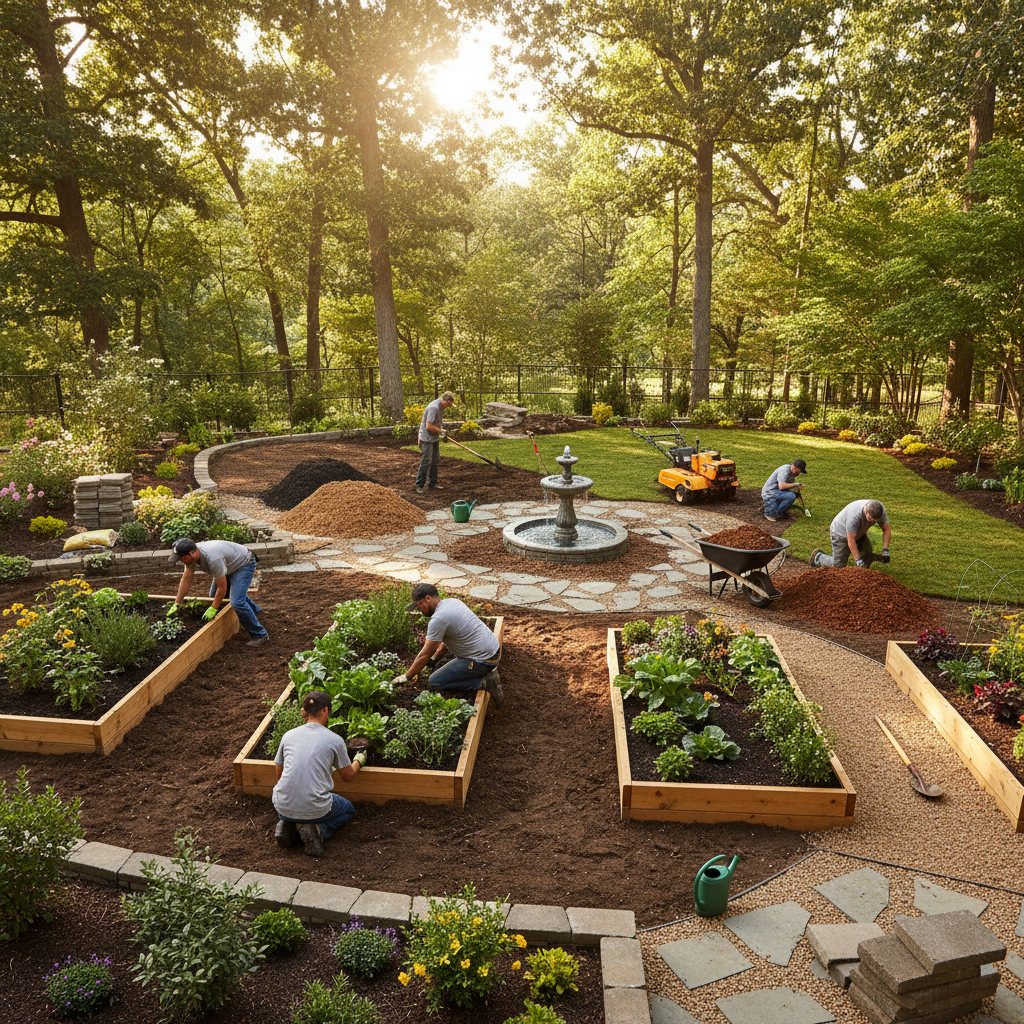 Landscaping crew transforming a backyard with new plants, mulch, and garden beds