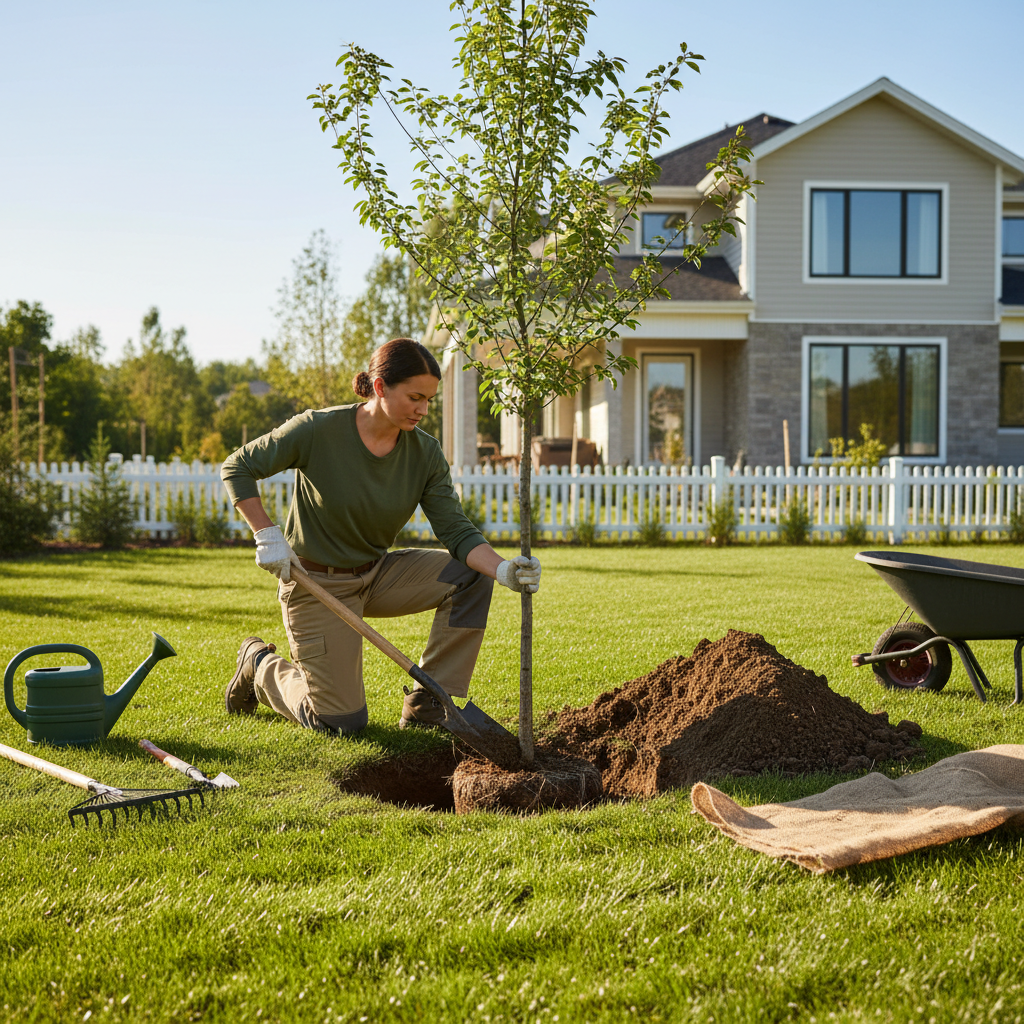 Professional nursery worker planting a young tree in a residential yard
