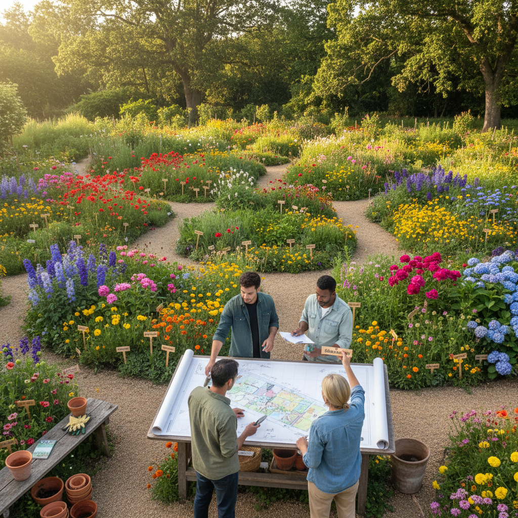 Vibrant seasonal flower garden with colorful beds and borders and planning chart