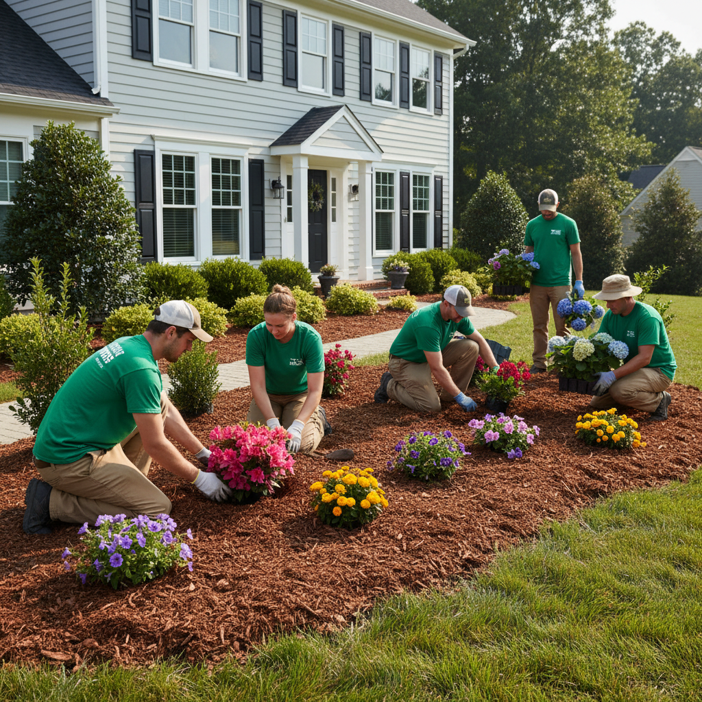 Nursery crew planting colorful shrubs and flowers in a front yard with fresh mulch