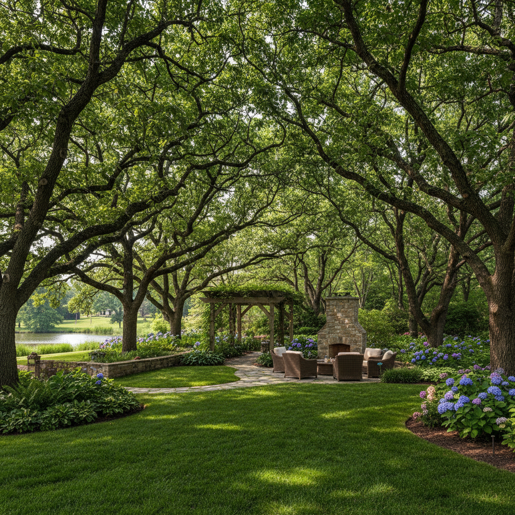 Beautifully established shade trees in a lush backyard providing canopy and dappled light