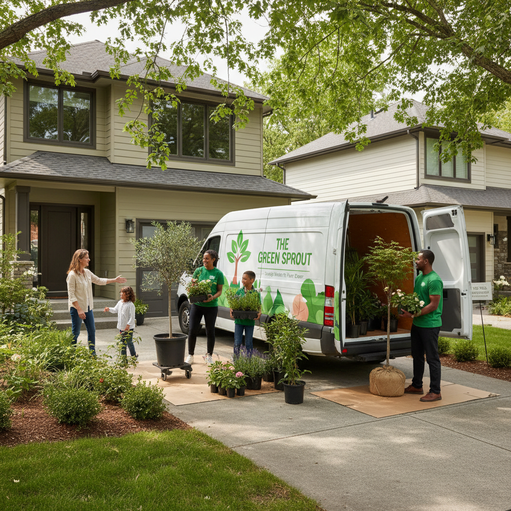 Nursery delivery van with plants being carefully unloaded at a residential home