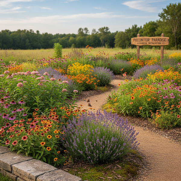 Vibrant native pollinator garden in full bloom with wildflowers, lavender, and milkweed