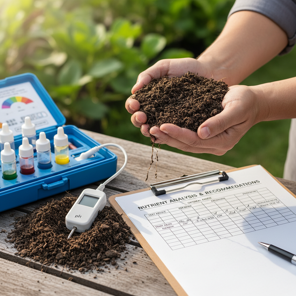 Hands holding rich dark soil with a soil testing kit and fertilizer recommendations